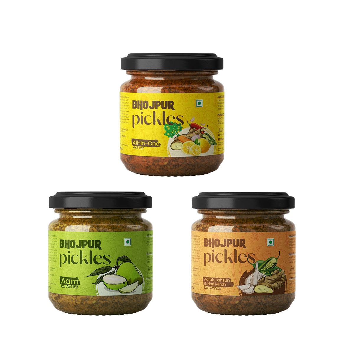 Combo Bhojpur Pickles (Aam, All-in-one & Adrak, Lahsun, Hari Mirch)